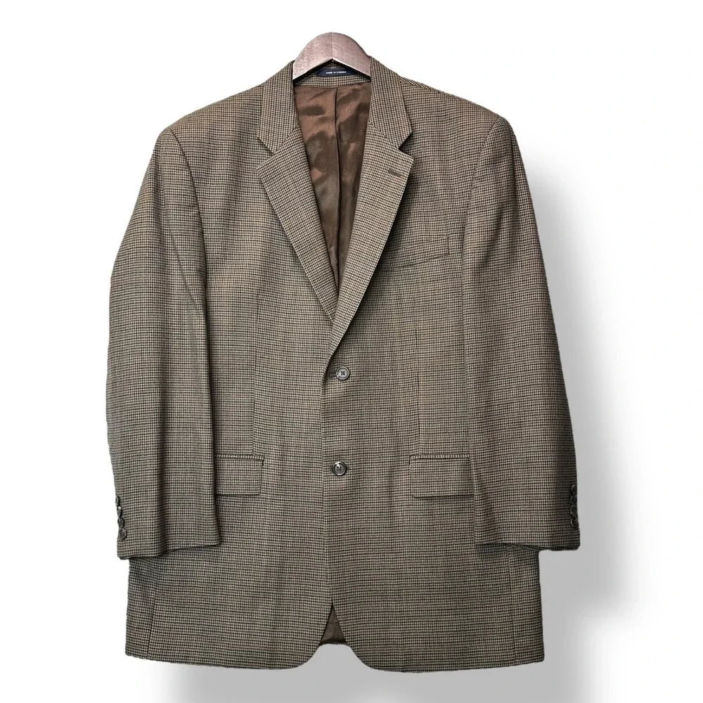 Vintage Ralph Lauren Men Wool Houndstooth Sport Coat 42R‎ Brown Blazer Jacket